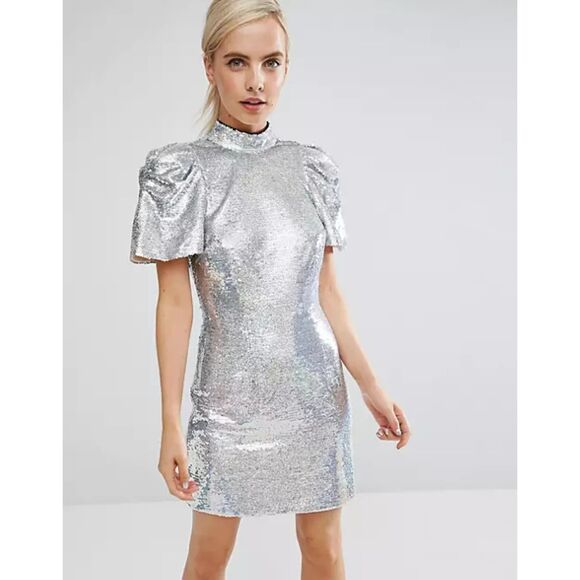 ASOS 80's Sleeve Sequin Iridescent Bow Back Mini Dress 2 - Picture 4 of 12